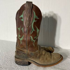 Brown Leather W Turquoise Accents Square Toe Western Cowgirl Cowboy Boots 5.5